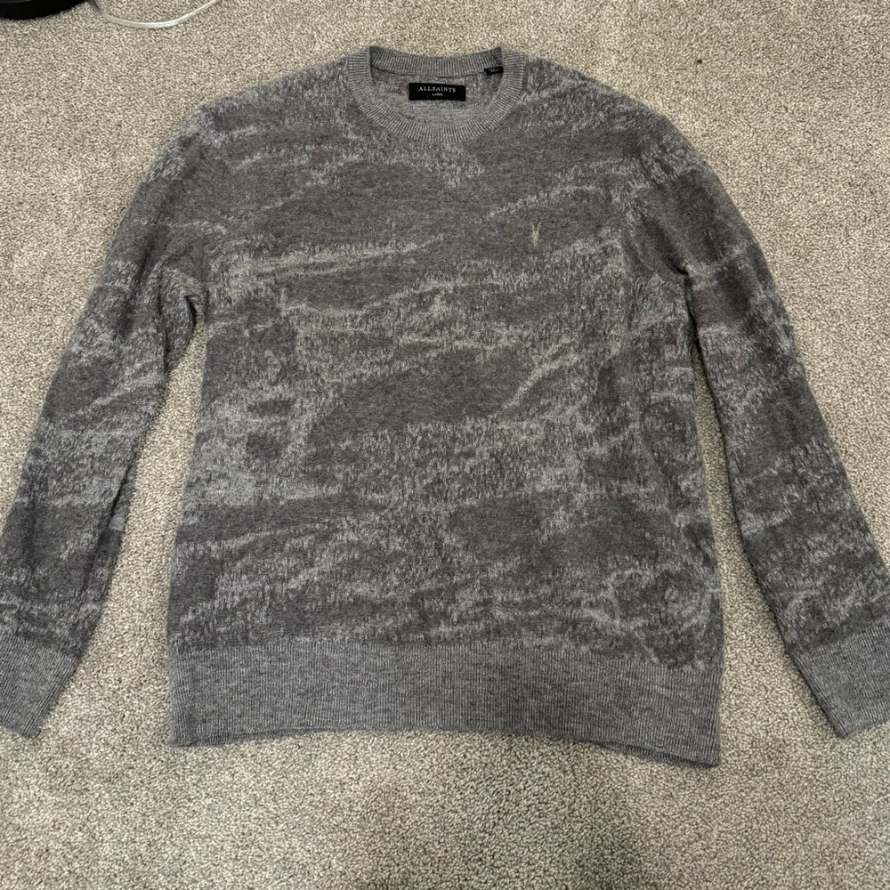 All Saints, Wool Blend Crew Neck Sweater, Large, Gray